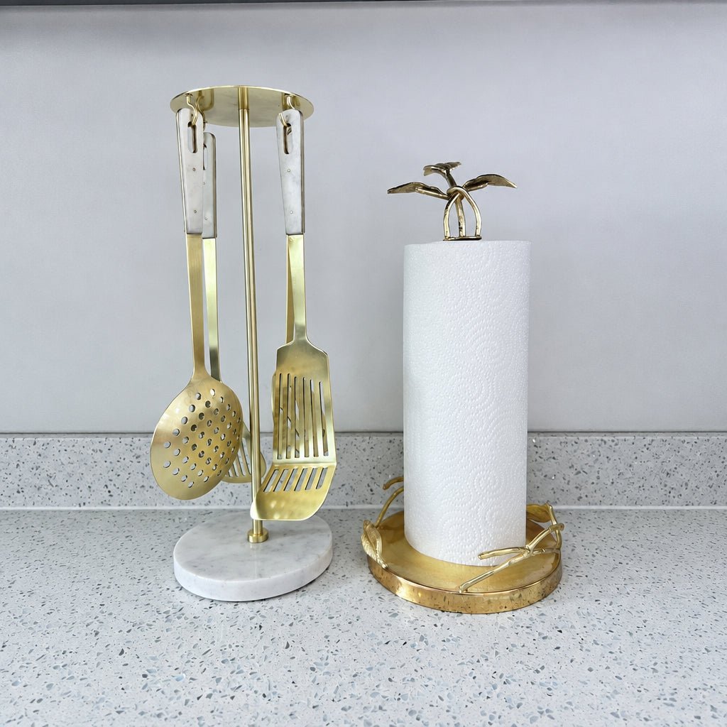Set of 4 Gold Kitchen Utensils with Marble Handles High Class Touch 