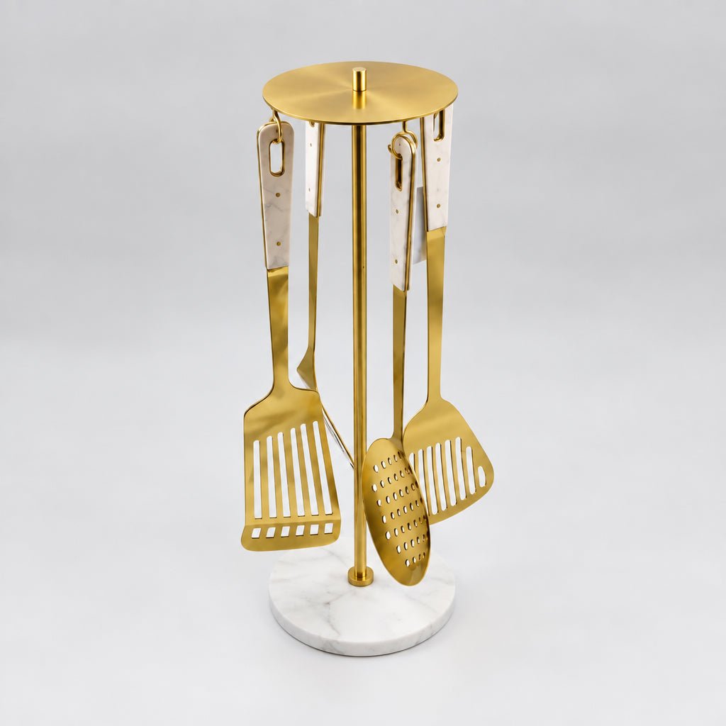 Set of 4 Gold Kitchen Utensils with Marble Handles High Class Touch 