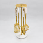 Set of 4 Gold Kitchen Utensils with Marble Handles High Class Touch 