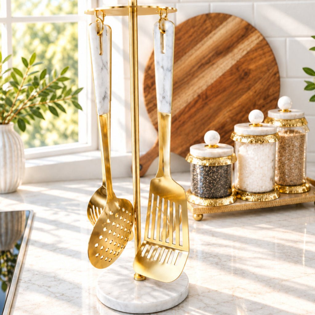 Set of 4 Gold Kitchen Utensils with Marble Handles High Class Touch 