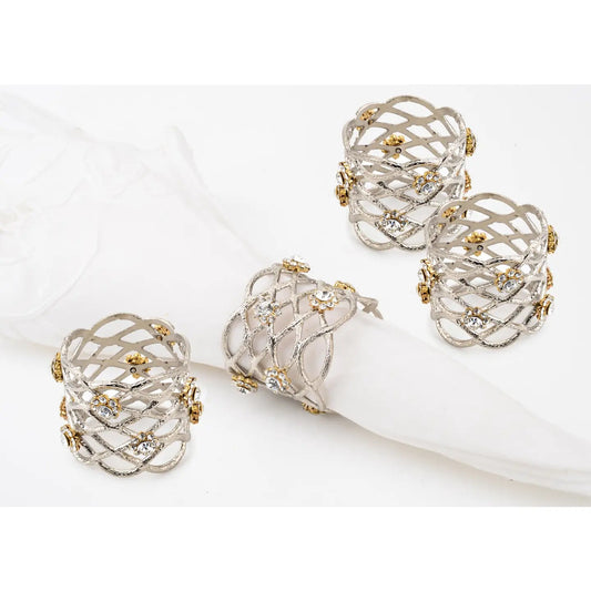 Set of 4 Napkin Rings Jeweled - Silver Napkin Rings High Class Touch - Home Decor 