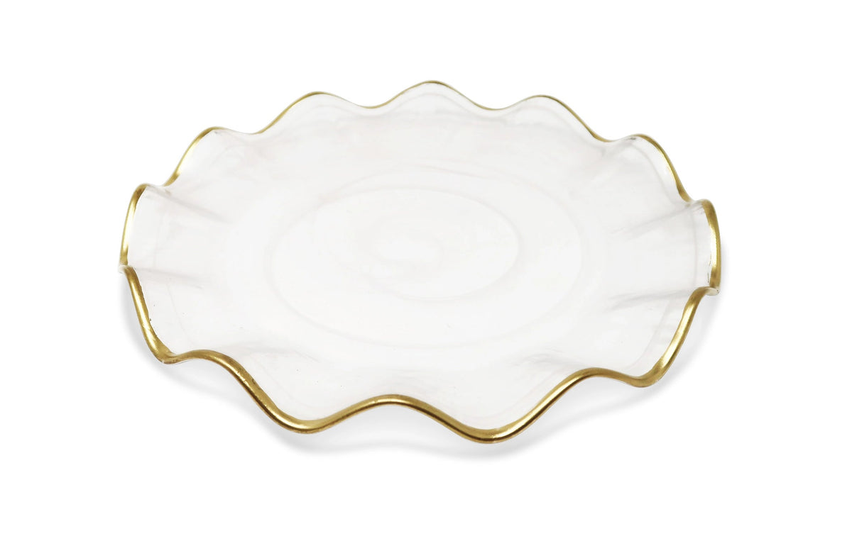 Set of 4 White Smoked Dinner Plates with Gold Scalloped Rim Dinnerware Sets High Class Touch - Home Decor 4 Dessert Plates 