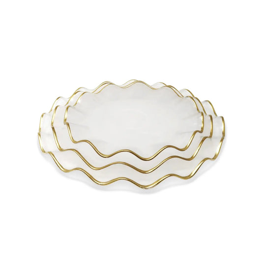 Set of 4 White Smoked Dinner Plates with Gold Scalloped Rim Dinnerware Sets High Class Touch - Home Decor 
