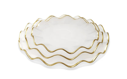 Set of 4 White Smoked Dinner Plates with Gold Scalloped Rim Dinnerware Sets High Class Touch - Home Decor 