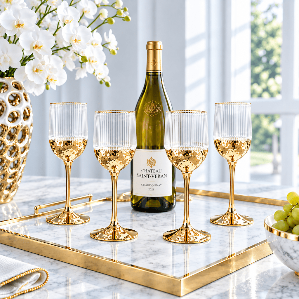 Set of 4 Ribbed Water or Wine Glasses with Gold Dipped textured Bottom - High Class Touch