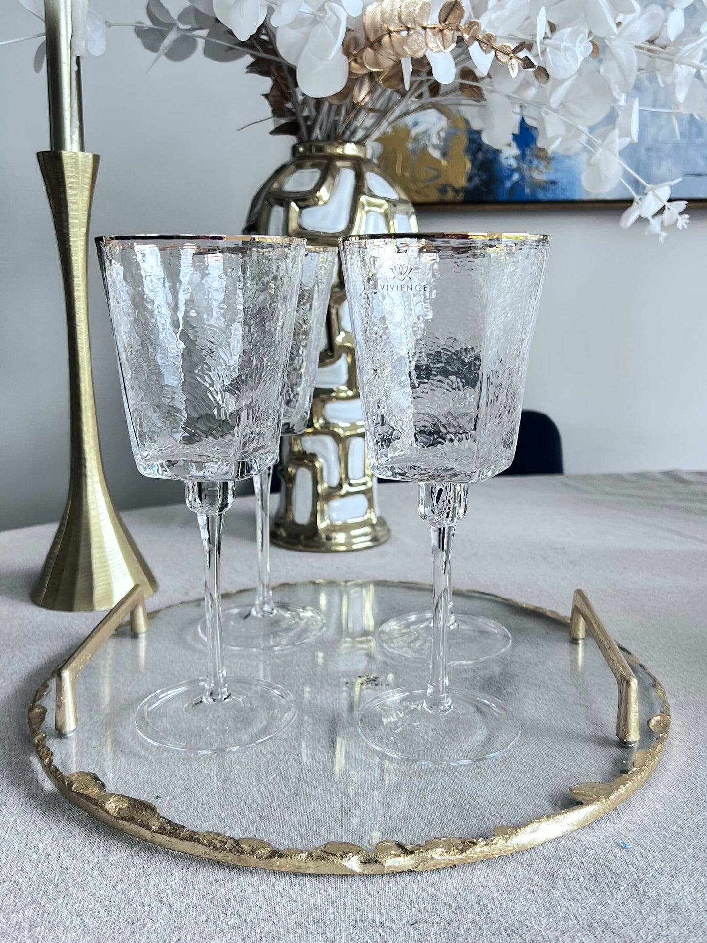 Set of 6 Square Shaped Hammered Glasses with Gold Rim Water glasses High Class Touch - Home Decor 