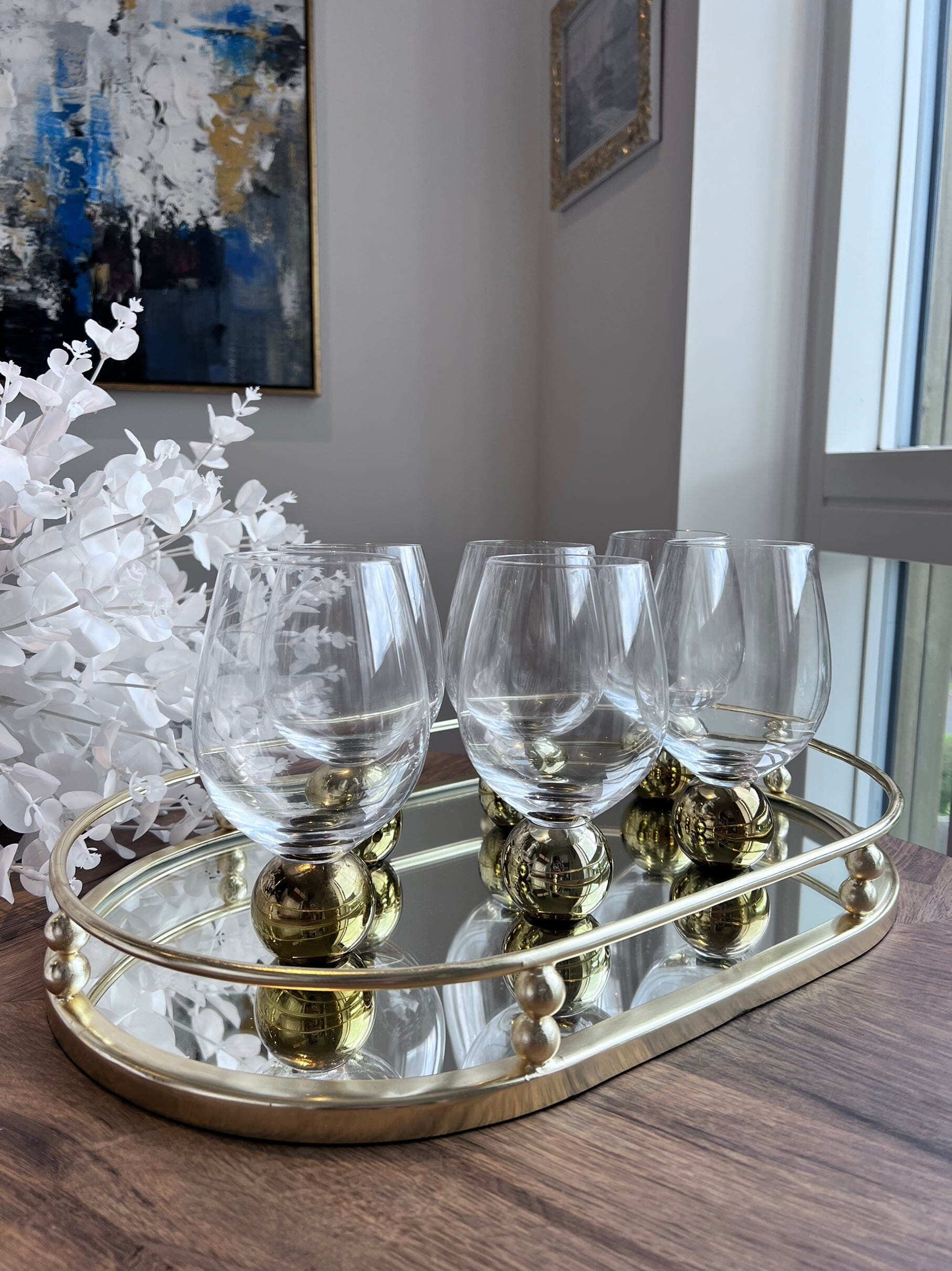 Set of 6 Wine Glasses on Gold Ball Pedestal Wine Glasses High Class Touch - Home Decor 