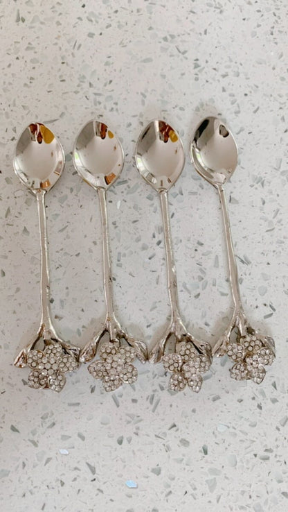 Set Of Four Spoons with Jeweled Flower Cutlery High Class Touch - Home Decor 