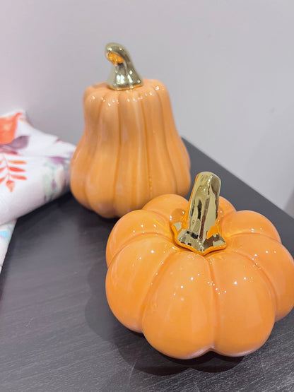 Small Porcelain Pumpkins with Gold Stem Decorative Ornament set of 2 High Class Touch 