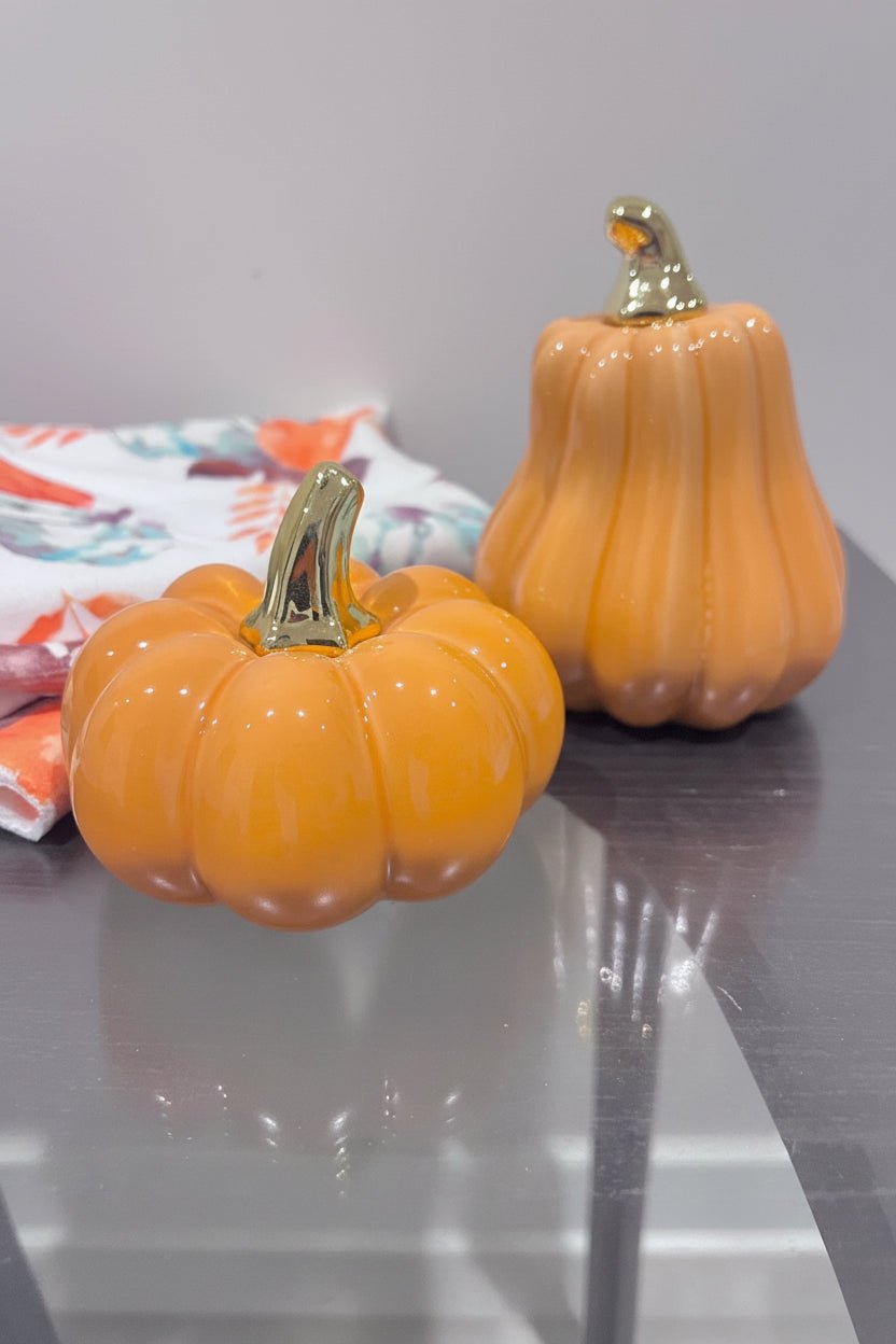 Small Porcelain Pumpkins with Gold Stem Decorative Ornament set of 2 High Class Touch 