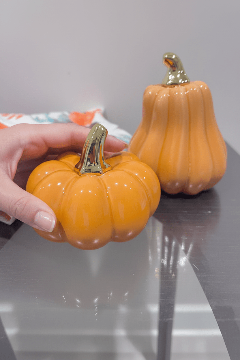 Small Porcelain Pumpkins with Gold Stem Decorative Ornament set of 2 - High Class Touch