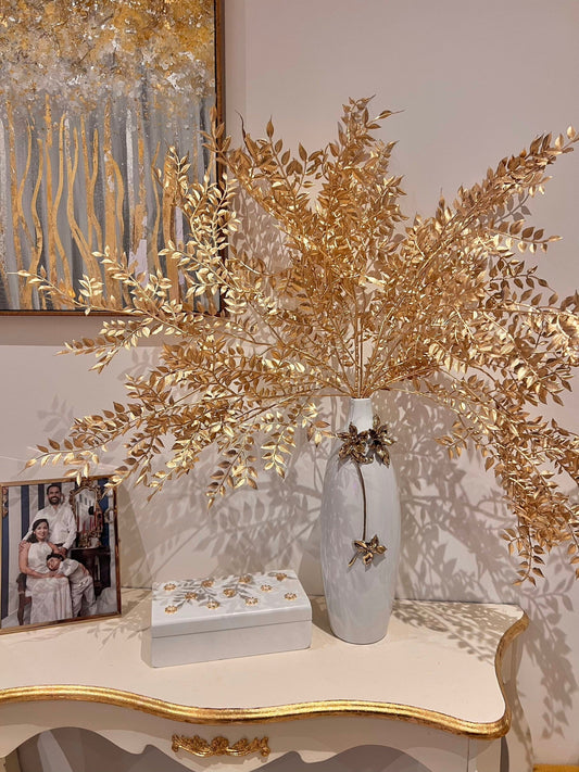 Tall Gold Metallic Leaf Branch Arrangement Artificial Flora High Class Touch - Home Decor 