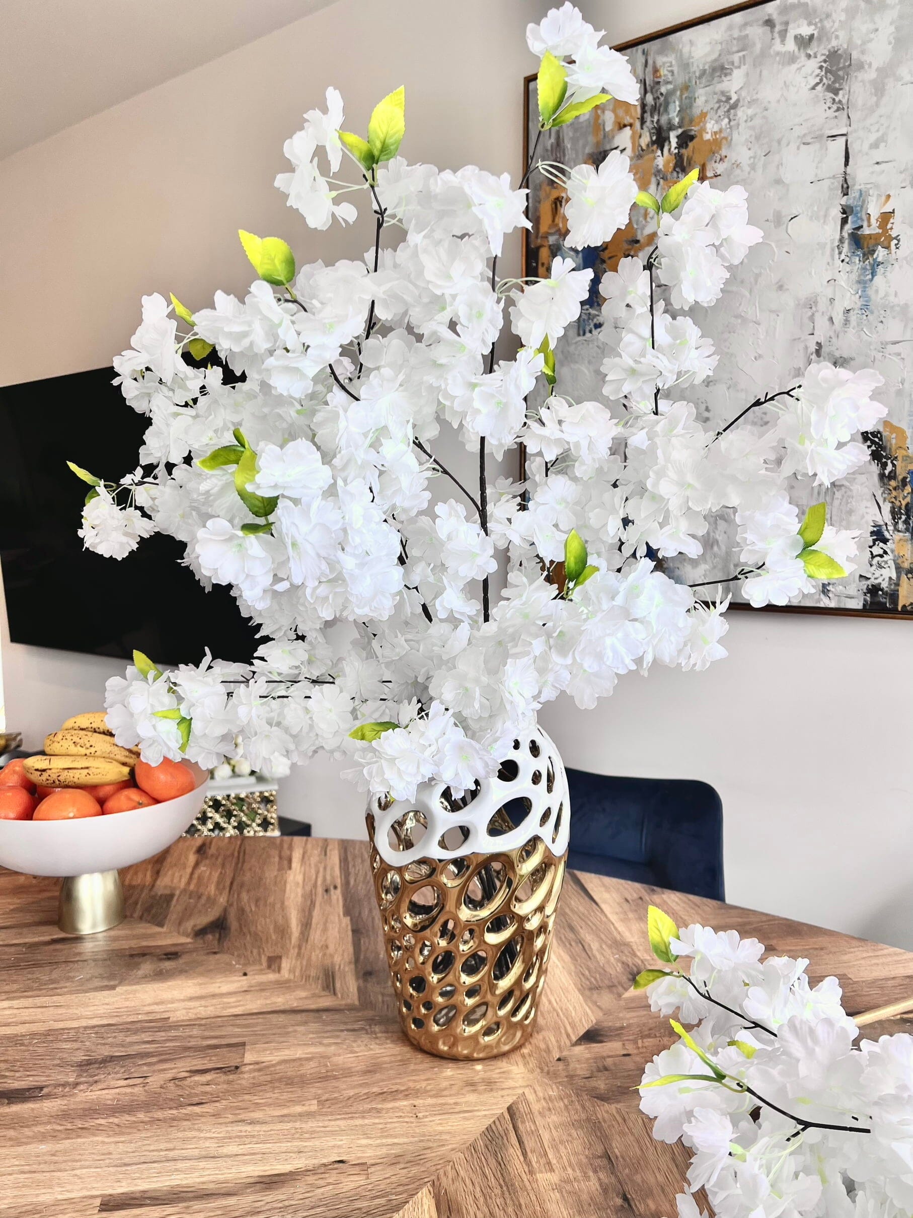 Tall White Cherry Blossom Arrangement Artificial Flora High Class Touch - Home Decor 5 stems 