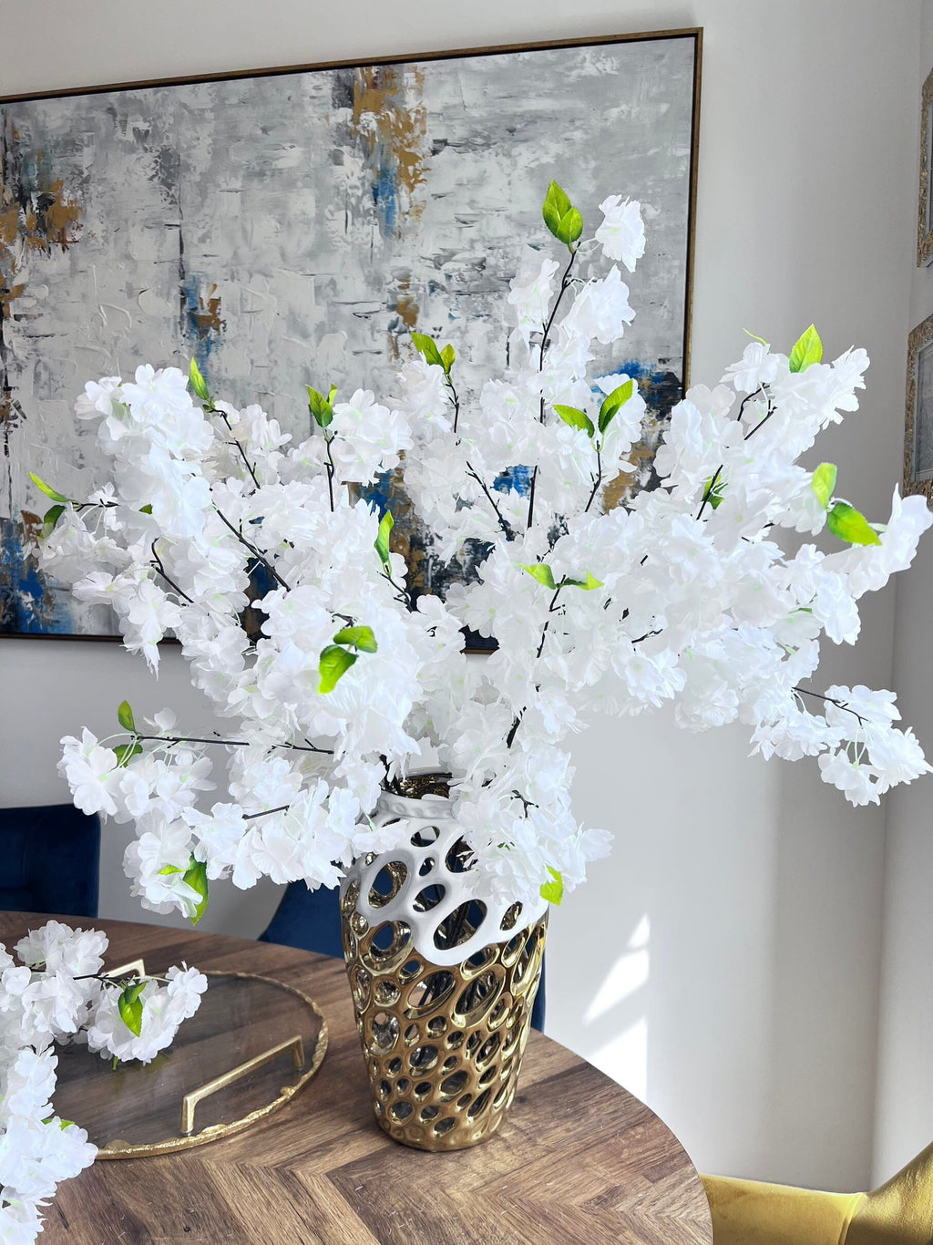 Tall White Cherry Blossom Arrangement Artificial Flora High Class Touch - Home Decor 