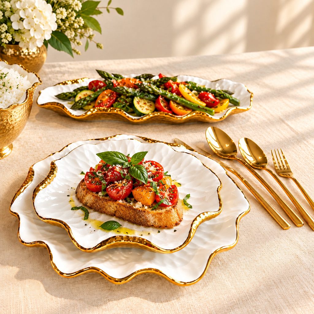 White & Gold Dinner Set — Gold Scalloped Edge