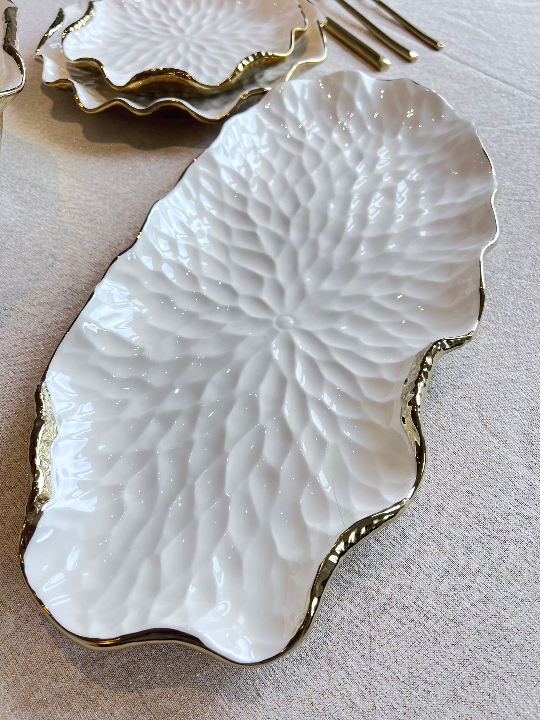 White and Gold Dinner Set New Bone China Gold Scalloped Edge Dinnerware Sets High Class Touch - Home Decor 