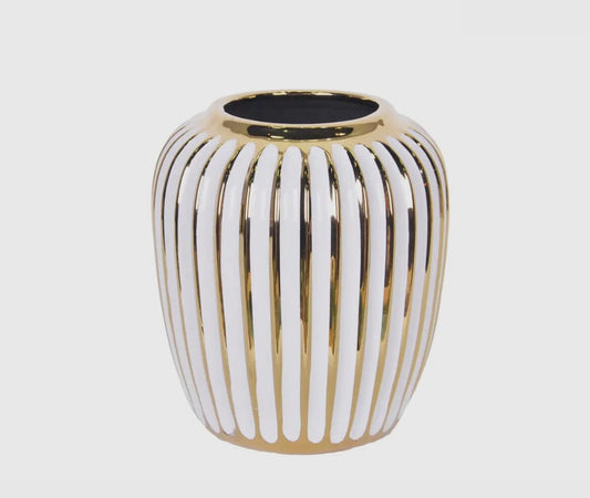 White and Gold Porcelain Striped Vase 8”H Vases High Class Touch - Home Decor 