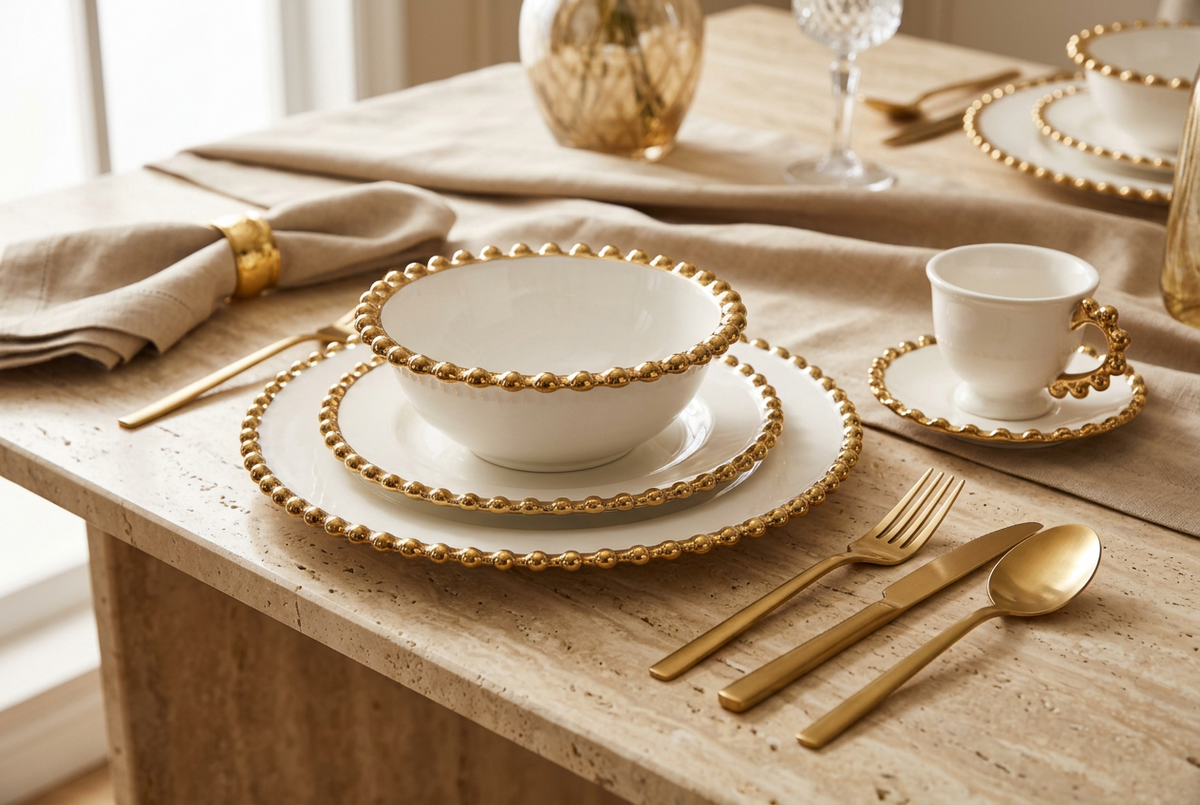White 5 Piece Dinner Set Gold Beaded Border 5 Piece Set (serves 1 person)