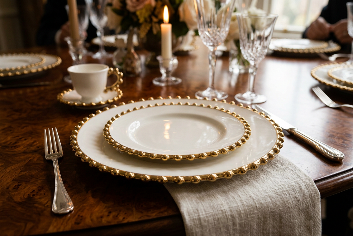 White 5 Piece Dinner Set Gold Beaded Border 5 Piece Set (serves 1 person)