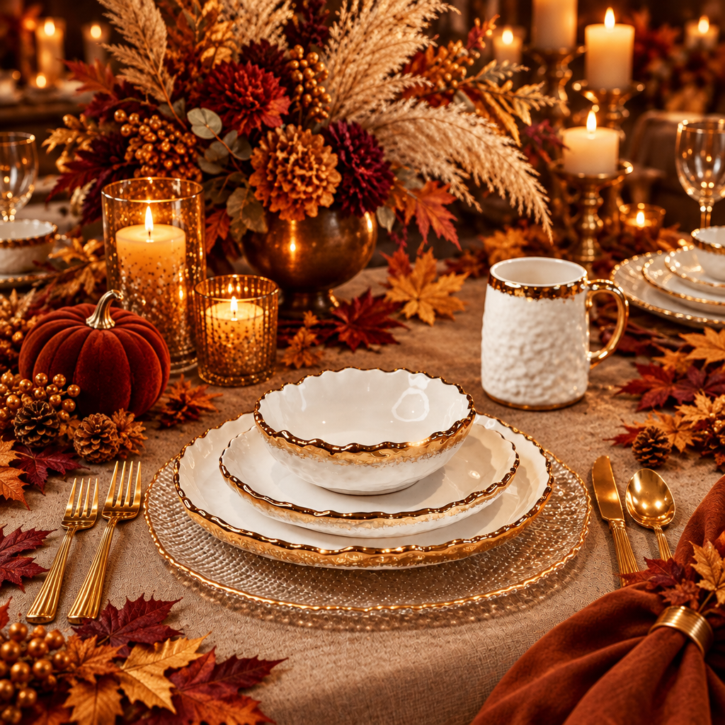 White 4 Piece Dinner Set Gold Scalloped Edge Design (serves 1 person)