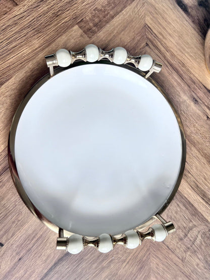 White Flat Round Plate with Gold and White Beaded Design Plates High Class Touch - Home Decor 