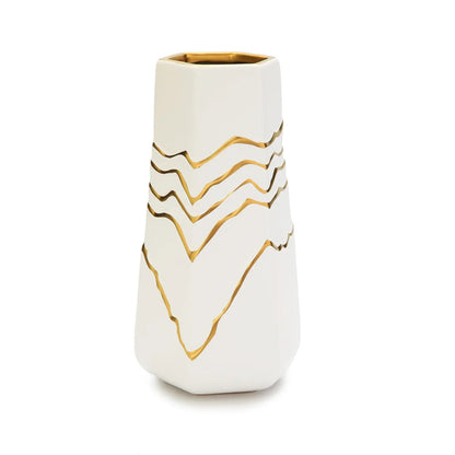 White-Gold Striped Design Bud Vase 10”H Vases High Class Touch - Home Decor 