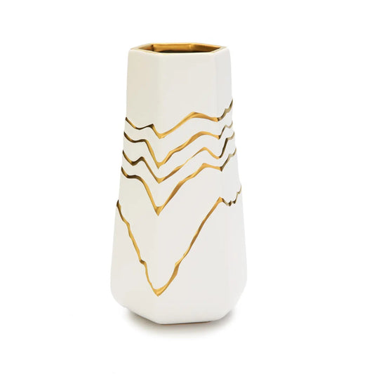 White-Gold Striped Design Bud Vase 10”H Vases High Class Touch - Home Decor 