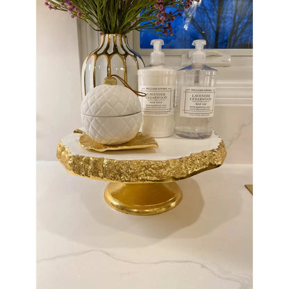 White Marble Cake Tray On Gold Stem High Class Touch 