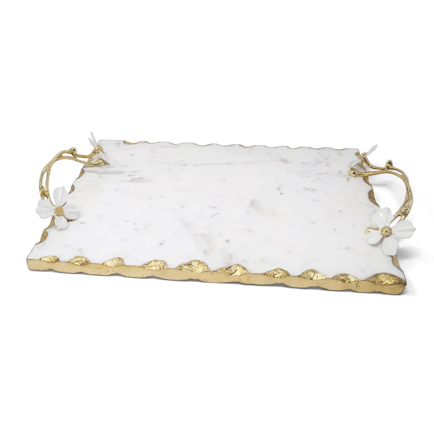 White Marble Tray with Gold Design and Jeweled Flower Handle Decorative Trays High Class Touch - Home Decor 