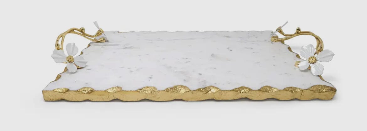 White Marble Tray with Gold Design and Jeweled Flower Handle Decorative Trays High Class Touch - Home Decor 