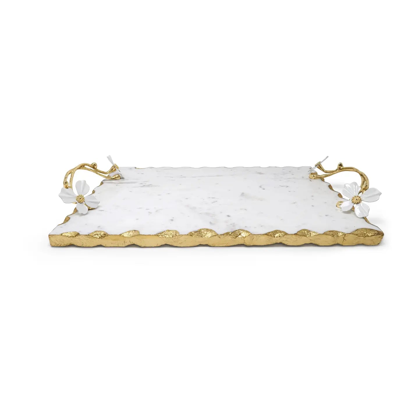 White Marble Tray with Gold Design and Jeweled Flower Handle Decorative Trays High Class Touch - Home Decor 