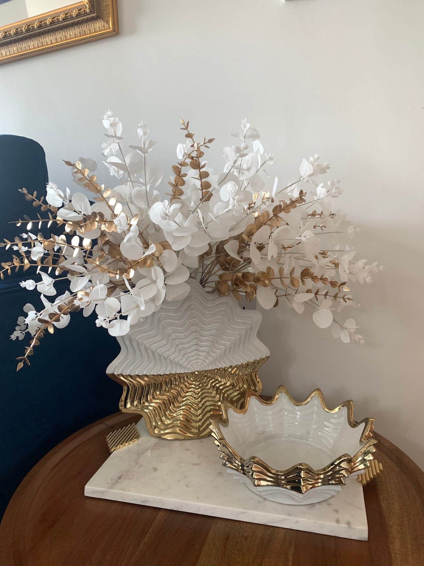 10"D White and Gold Scalloped Bowl Decorative Bowls High Class Touch - Home Decor 