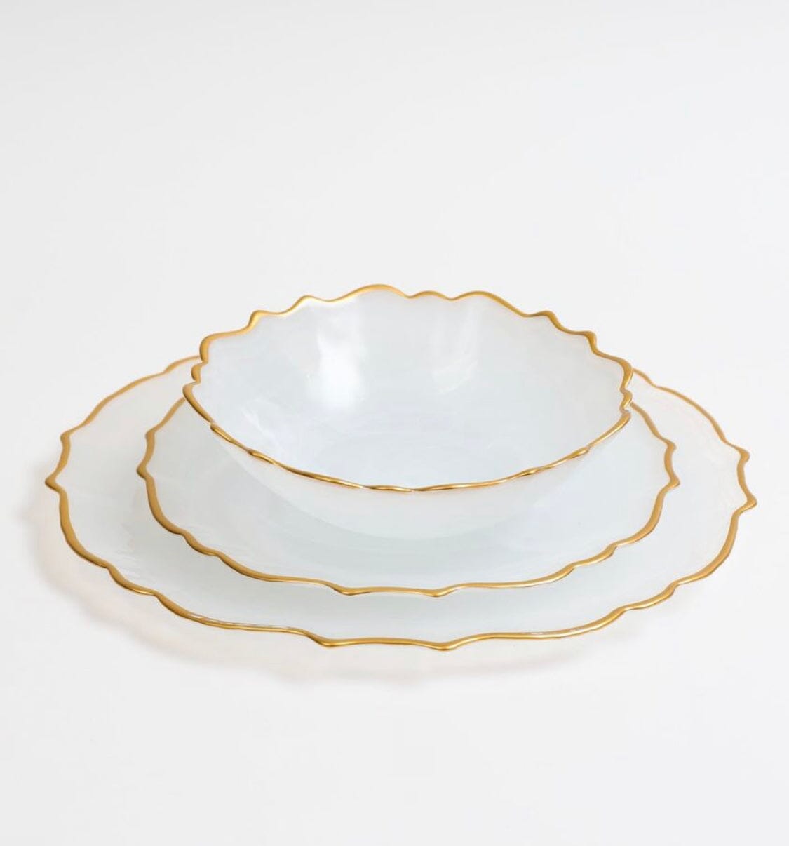 Dinner Plates in Alabaster White with Gold Trim Set of 4 High