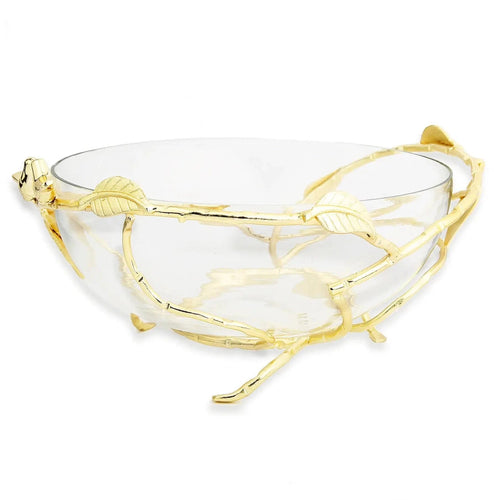 12.5"D Glass gold Bowl On Stainless Leaf Stand Serving Bowls High Class Touch - Home Decor 