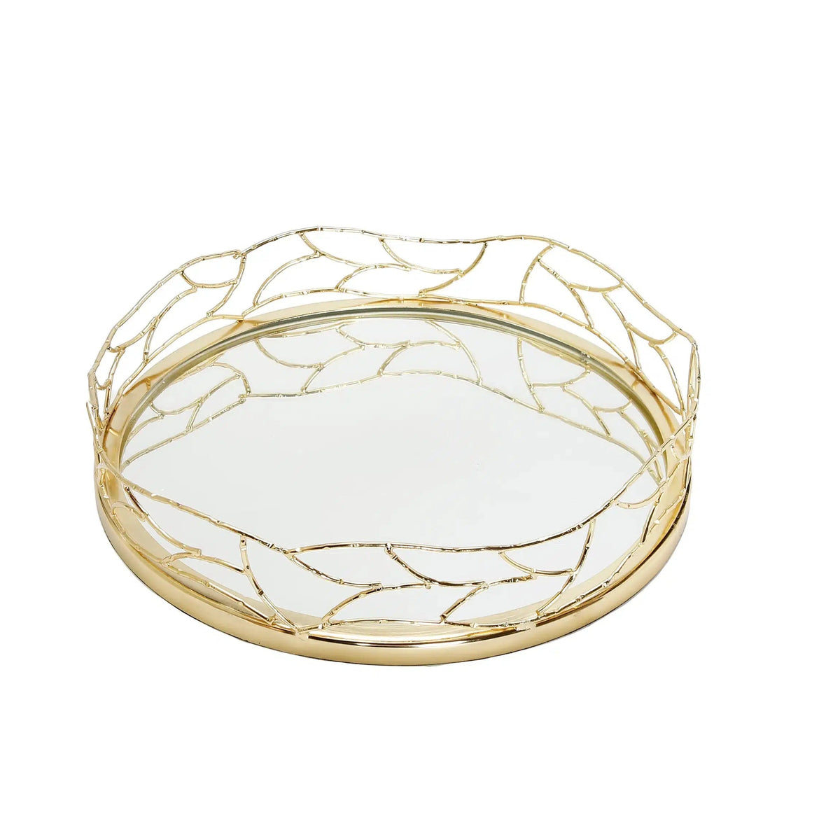 14"D Round Mirror Tray Gold Mesh Design Decorative Trays High Class Touch - Home Decor 