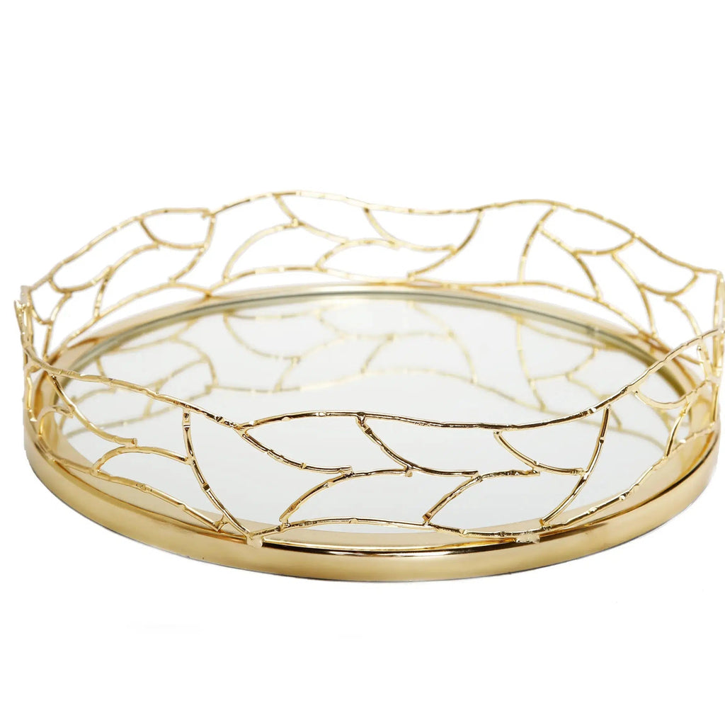 14"D Round Mirror Tray Gold Mesh Design Decorative Trays High Class Touch - Home Decor 