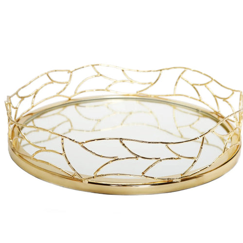 14"D Round Mirror Tray Gold Mesh Design Decorative Trays High Class Touch - Home Decor 
