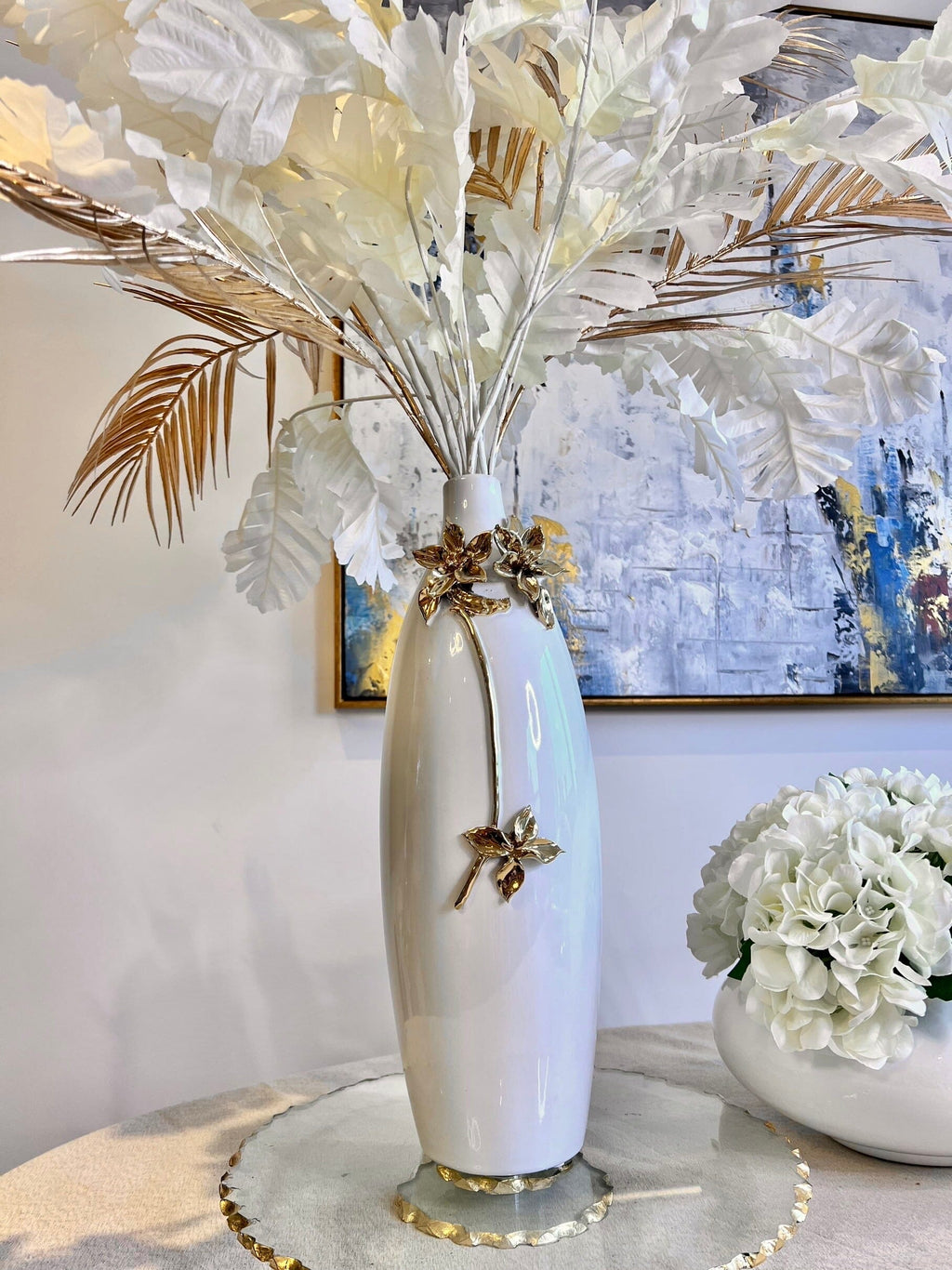 18" White Tall Vase Gold and White Flower Design Vases High Class Touch - Home Decor 