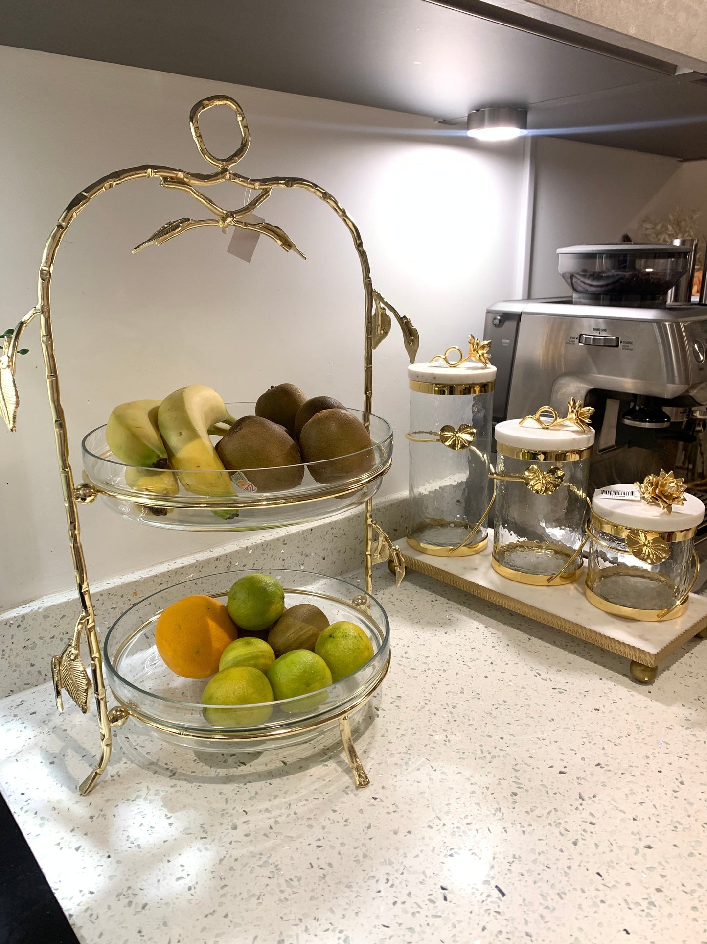 2 Tiered Centerpiece Glass with Gold Leaf Serving Bowls High Class Touch - Home Decor 