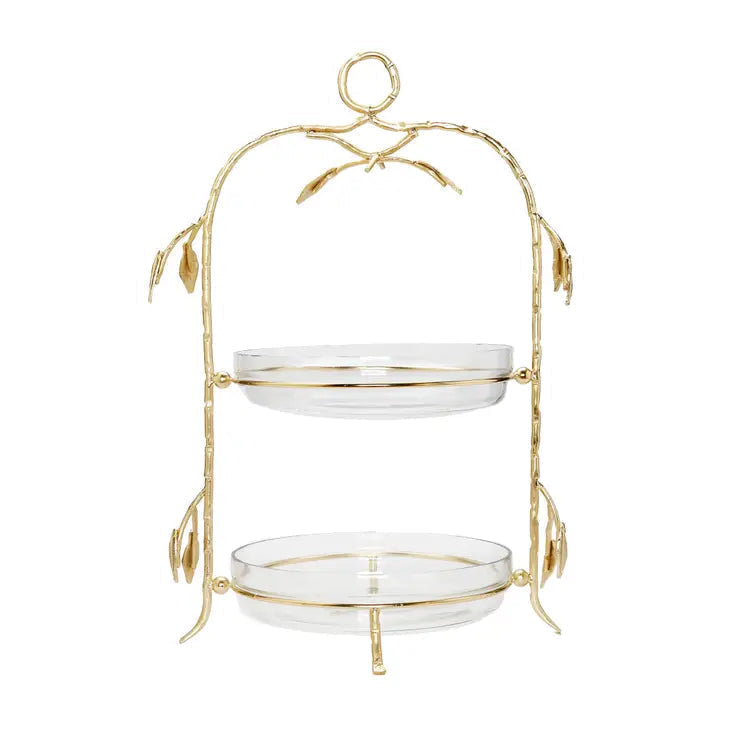 2 Tiered Centerpiece Glass with Gold Leaf Serving Bowls High Class Touch - Home Decor 