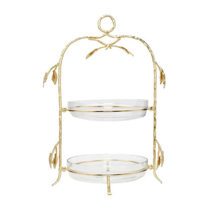 2 Tiered Centerpiece Glass with Gold Leaf Serving Bowls High Class Touch - Home Decor 