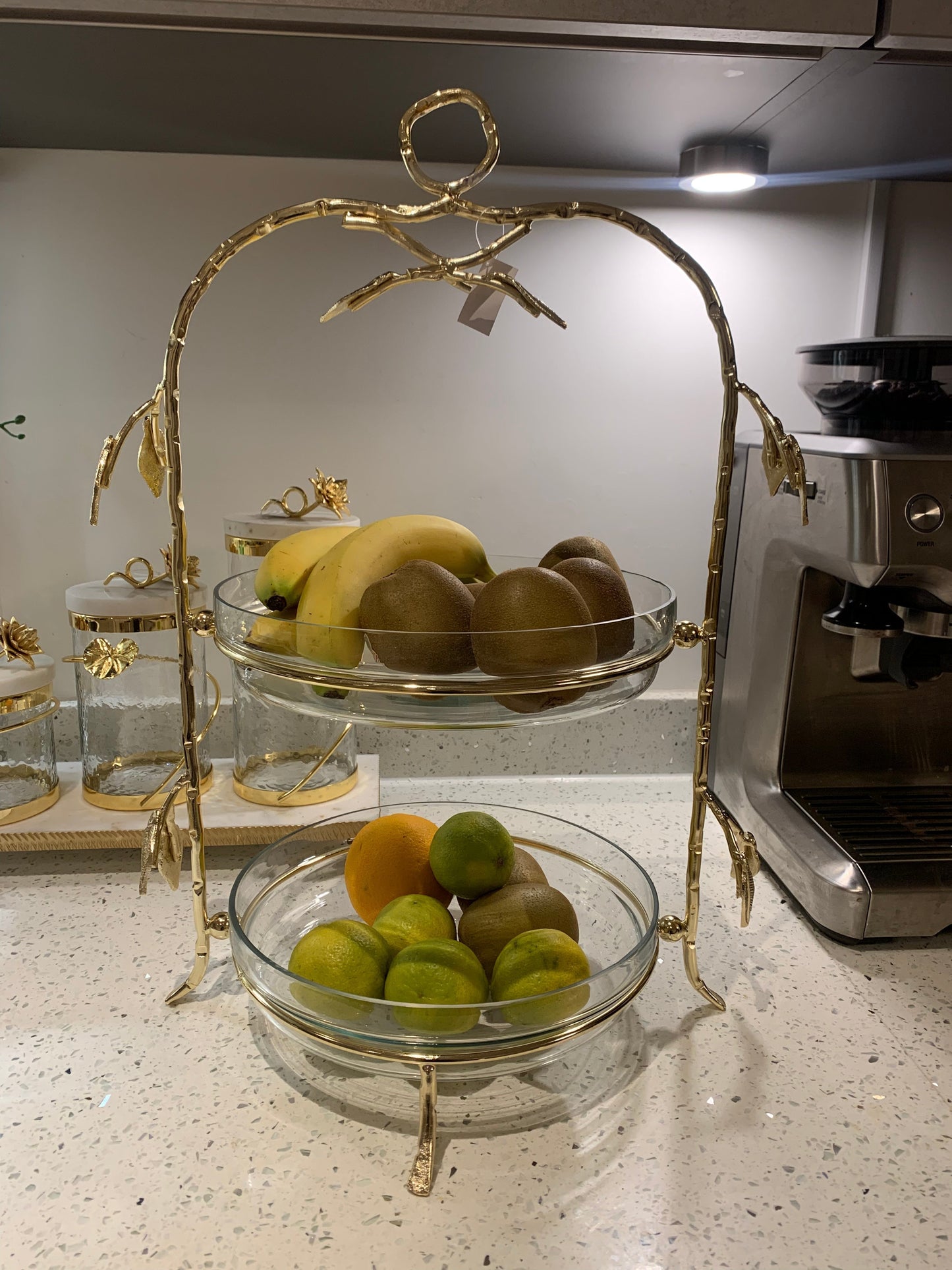 2 Tiered Centerpiece Glass with Gold Leaf Serving Bowls High Class Touch - Home Decor 
