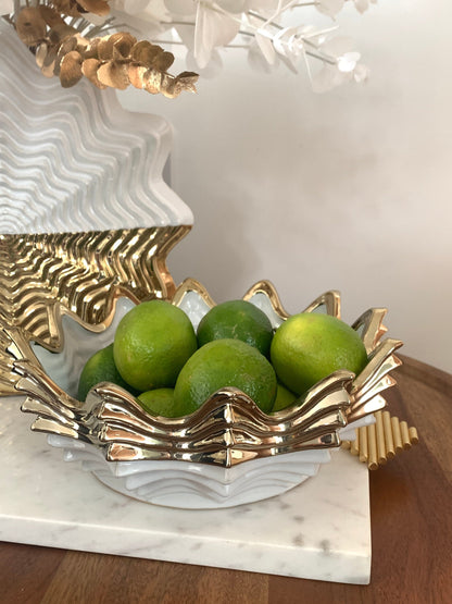  White and Gold Scalloped fruit Bowl Decorative Bowls High Class Touch - Home Decor 