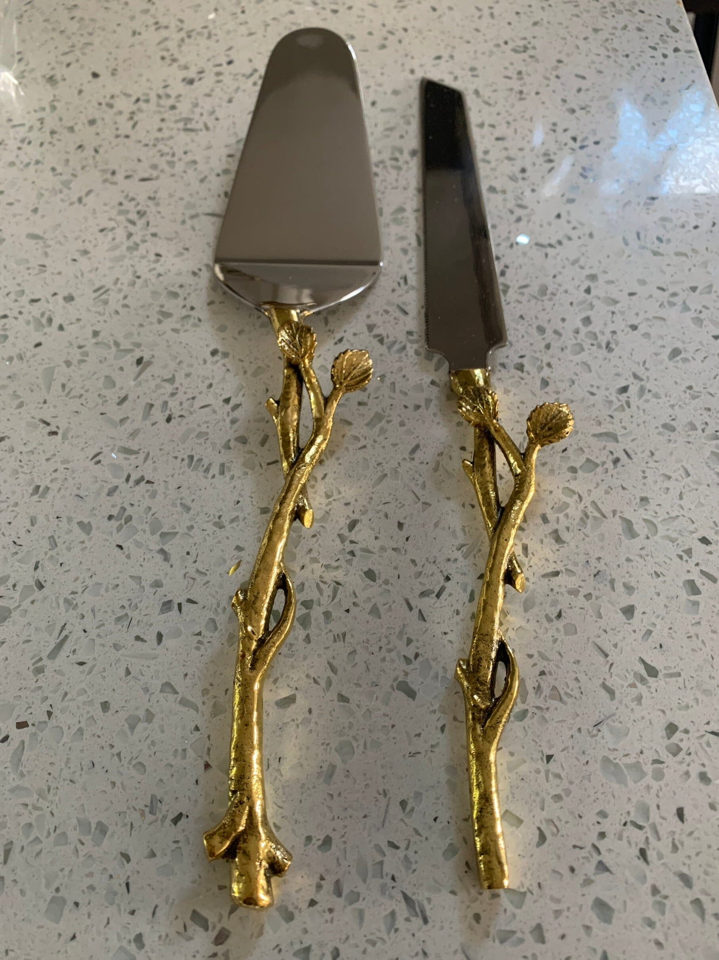 Cake Server and Knife Set with Gold Leaf Design, Dims 12"L Cake Servers High Class Touch - Home Decor 