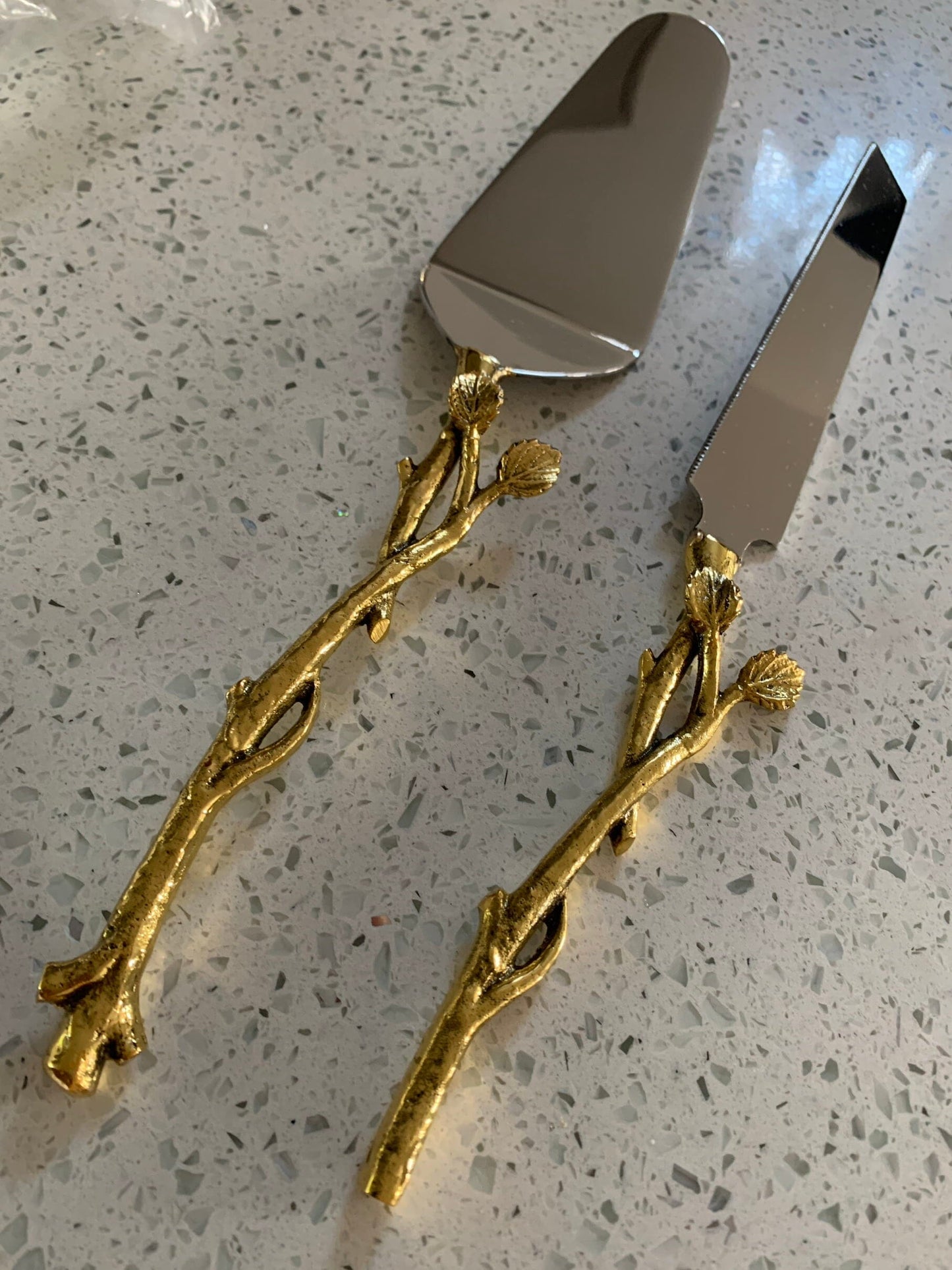 Cake Server and Knife Set with Gold Leaf Design, Dims 12"L Cake Servers High Class Touch - Home Decor 