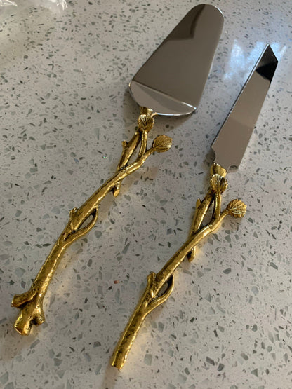 Cake Server and Knife Set with Gold Leaf Design, Dims 12"L Cake Servers High Class Touch - Home Decor 