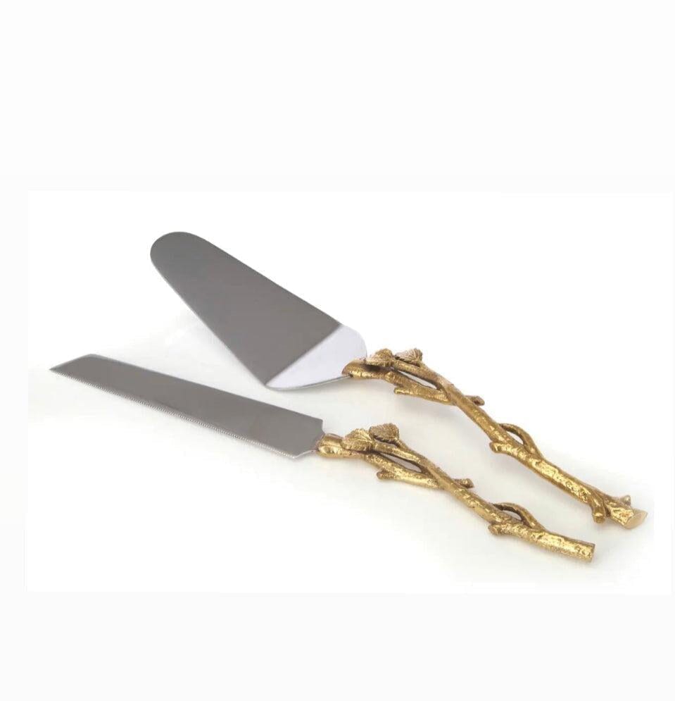 Cake Server and Knife Set with Gold Leaf Design, Dims 12"L Cake Servers High Class Touch - Home Decor Gold 