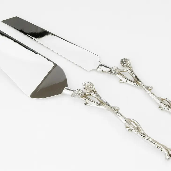 Cake Server and Knife Set with Gold Leaf Design, Dims 12"L Cake Servers High Class Touch - Home Decor Nickel 