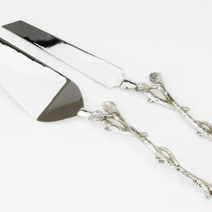 Cake Server and Knife Set with Gold Leaf Design, Dims 12"L Cake Servers High Class Touch - Home Decor Nickel 