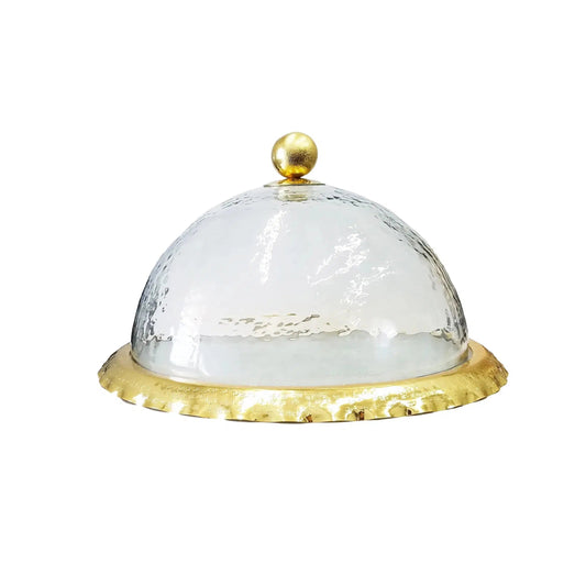 Glass Cake Dome Plate With Gold Wavy Border High Class Touch - Home Decor 
